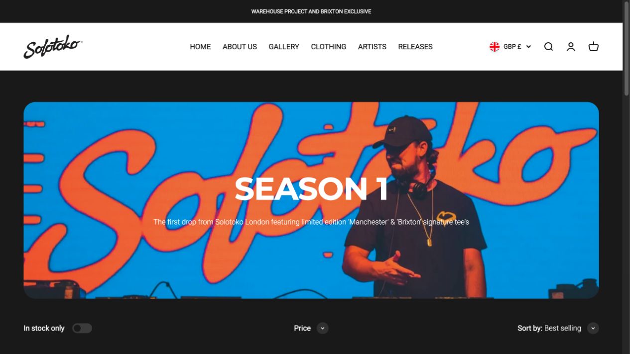 Solotoko Season 1 Shopify collection page featuring Sonny Fodera